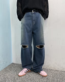 Ripper washed wide denim pants