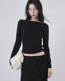 Part shirring wide-neck crop long sleeve