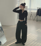 Unique Belt Loop Sweat Brushed Sagging Wide Pants