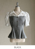Sweet Seersucker Check Collar Puff Blouse