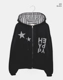 [Brushed Lining] Skin Star Print Stripe Color Matching Two-Way Loose Fit Hood Zip-Up