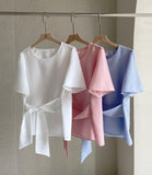 Eju Round Ribbon Strap Short Sleeve Blouse