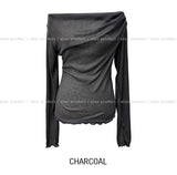 Ruffle see-through shirring drape long sleeve