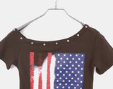 Richin American Flag Stud Rivet Unbalanced Off-shoulder Short Sleeve T-shirt