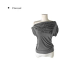 Miu Lettering Off-Shoulder Shirring Short Sleeve T-Shirt
