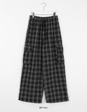 Honko check banding string wide cargo pants