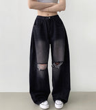 Destroyed Jeans Pleated Side Pin Tuck Balloon Wide Fit Pants