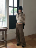 Zuri Y2K Washing Suede Cargo Back Banding Long Wide Pants