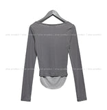 Ash Ribbed Deep Button Layered Long Sleeves