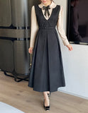 Collard V-neck Pintuck Pleats Long One Piece (belt set)