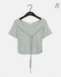 Chano Ribbon Strap Round Shirring Cropped Short-Sleeved T-Shirt