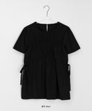 Cube Ribbon Cut Shirring Short Sleeve Blouse
