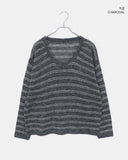 Curled Stripe Round Neck Loose Fit Long Sleeve Knit