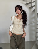 Dot Ribbon Shirring Puff Off-Shoulder Short Sleeve
