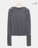 Juen Shoulder Slit Button Long Sleeve T-shirt