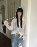 Gali See-Through Strap Hooded Long-Sleeve Cardigan