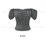 Leopard shirring puff off-shoulder short sleeve