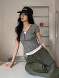 See-through layered button cap sleeve short sleeve