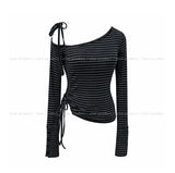 Delitte Stripe Unbalanced Shoulder Long Sleeve