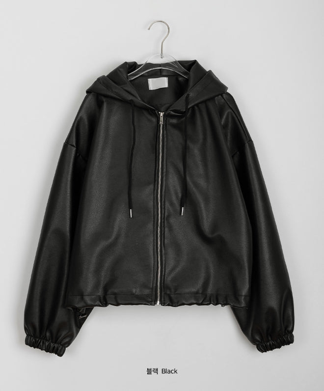 【BAON】Hoiki String Cropped Leather Hood Zip-Up BAON (バオン) - ホイキストリングクロップドレザーフードジップ
