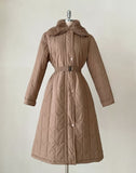 Vero Rabbit Fur Collar Long Padding Coat (Belt Set)