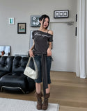 Royal lettering strap unbalanced shoulder short sleeves