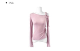 Block Unbalance Off Shoulder Shirred Long Sleeve Tee