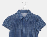 Rehue Check Shirring Banding Puff Short Sleeve Blouse