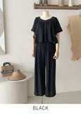 [Two Piece] Wings Frill Wing Blouse Wide Banding Pants