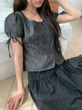Henry Ribbon Pintuck Shirring Square Short Sleeve Blouse