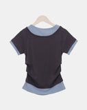 Poson Color Matching Shirring Short Sleeve T-shirt