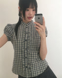Chili Check Frill Puff Short Sleeve Blouse