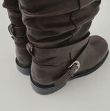 Two-way Buckle Shirring Slit Middle Boots
