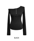 Tees Rib Button Unbalance Shoulder Long Sleeve