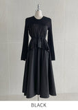 Rail Color Matching Knit Shirring Pin Tuck Flare One Piece