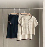 [Knit Two-Piece] Cel Openwork Collar Color Matching Knit Long Skirt