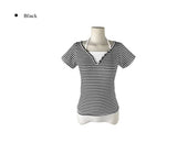 Isho Fake Layered Halter Stripe Button Short Sleeve T-shirt