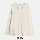 Top two-tone layered henley neck long-sleeved T-shirt