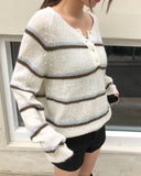 Tsen Stripe Button Henley Neck Long Sleeve Knit