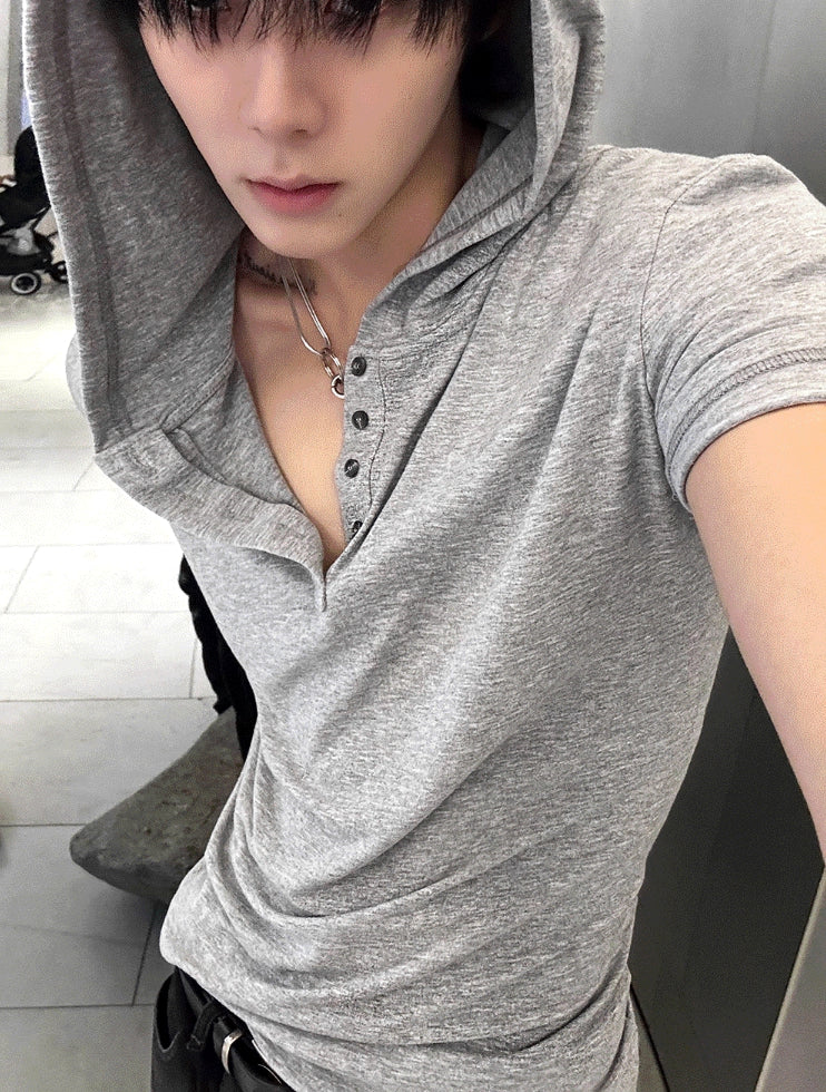 【COSYHARU】Henley Neck Hood Short Sleeve Sleeve COSYHARU (コシハル) - ヘンリーネックフード半袖Tシャツ