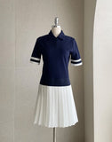 Delun Color Matching Collar Pleated Banding One Piece