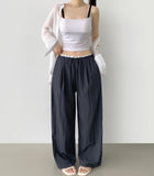 Rustling Color Matching Ice Wide Slacks Banding Pants