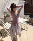 [MADE] HIR Sleeve Button Shirred V-Neck Cardigan