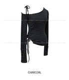 Delitte Stripe Unbalanced Shoulder Long Sleeve