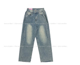 Side pin tuck washed wide denim pants