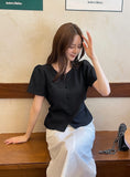 Nahen Round Neck Shirred Puff Blouse