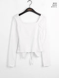 [MADE] Tiers Ribbon Strap Back Slit Square Neck Long Sleeve T-shirt
