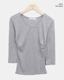 Neilon V-neck Side Shirring Three-Quarter T-shirt