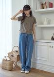 Falling Cat Stripe Crop Short Sleeve Tee