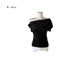 Miu Lettering Off-Shoulder Shirring Short Sleeve T-Shirt